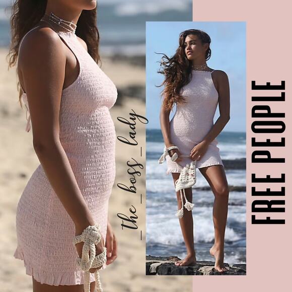 Free People mini dress smocked strappy back cotton spring summer boho Large - Picture 1 of 9